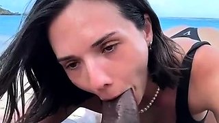 Busty tanned brunette riding big cock and doing blowjob