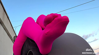 Pink Nylon Tease on the Rooftop at Sunset - Feet and Big Ass
