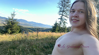 Walking in the Mountains Without T-shirt and Bra