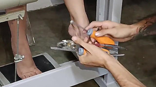 While I Pump the Pedal of My Cooking Machine in Panties This Man Looks at Me and Repairs the Machine