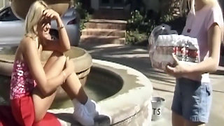 Blonde MILFs Licking Wet Pussies by the Fountain