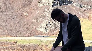 Amazing busty brunette slut doing blowjob outdoor