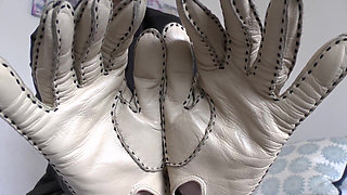 Beige Leather Gloves with a Strong Leather Scent on Your Face, Lady Victoria Valente