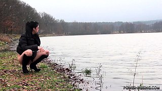 Pulling amateur fucked in public outdoors for cash